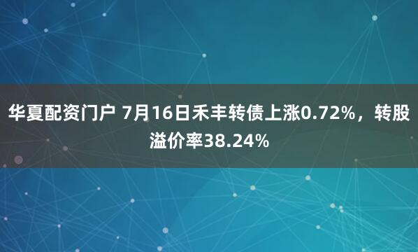 华夏配资门户 7月16日禾丰转债上涨0.72%，转股溢价率38.24%